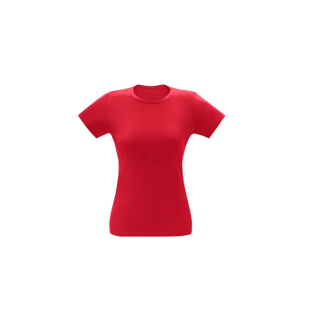 Camiseta feminina de corte cinturado em malha 100% algodão (170 g/m2) com fio 30/1 penteado.