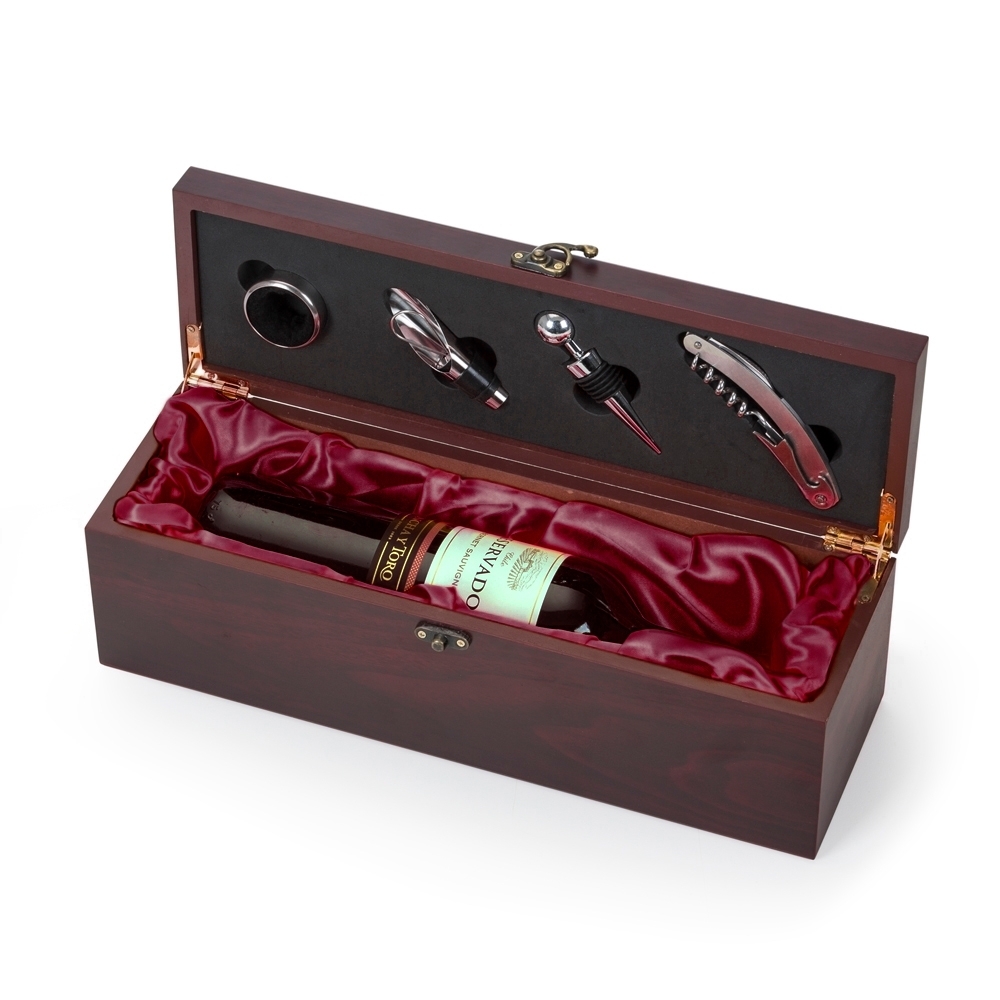 KIT VINHO  CAIXA DE MADEIRA 4 PEÇAS  PORTA GARRAFA  SPX-13197-VIN NA COR VERMELHO