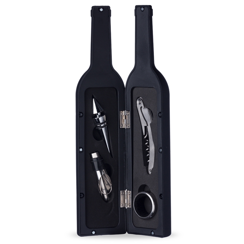 KIT VINHO PLÁSTICO RESISTENTE 4 PEÇAS  FORMATO GARRAFA  SPX-12384-PRE NA COR PRETO